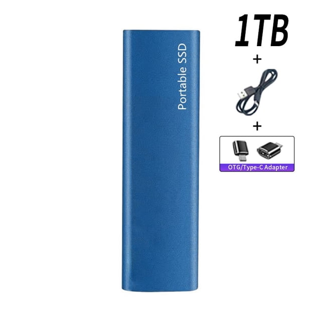 disco duro externo portátil, ssd de 1tb, tipo c, usb 3,1, de alta velocidad, 500gb, para ordenadores portátiles/windows/mac; vista frontal de unidad azul alargada de aleación de aluminio con texto "Portable SSD", incluye cable de datos USB y adaptador OTG ilustrados, indicado para sistemas Windows y Mac según especificaciones.