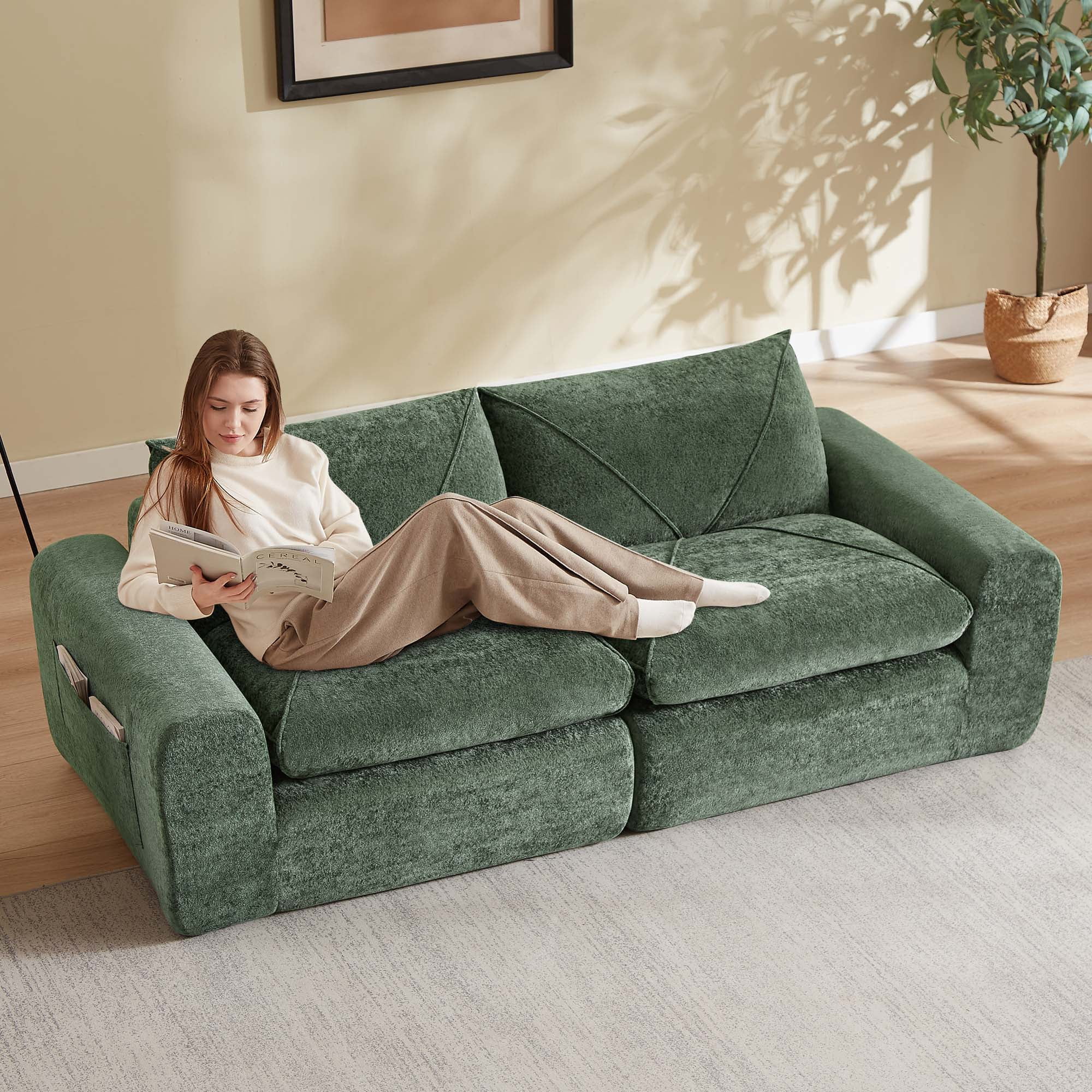 Miniyam 86" x 40" Green 2-Seater Sofa, Modular & Expandable to L-Shape or U-Shape with Optional Ottoman/Chaise
