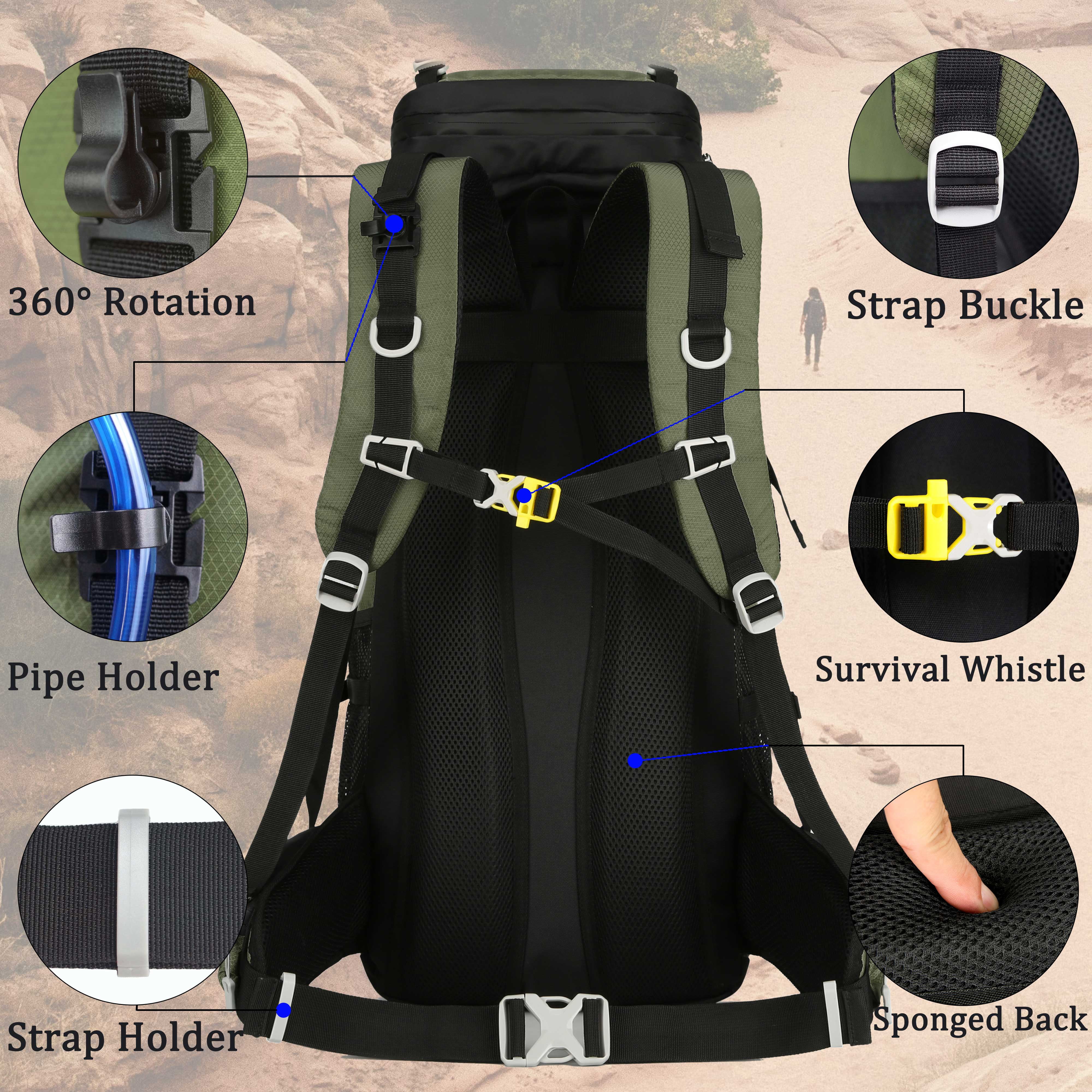60L Travel Hiking Camping Backpack with Rain Cover, Backpack Water Resistant,Climbing Backpack for Men Women