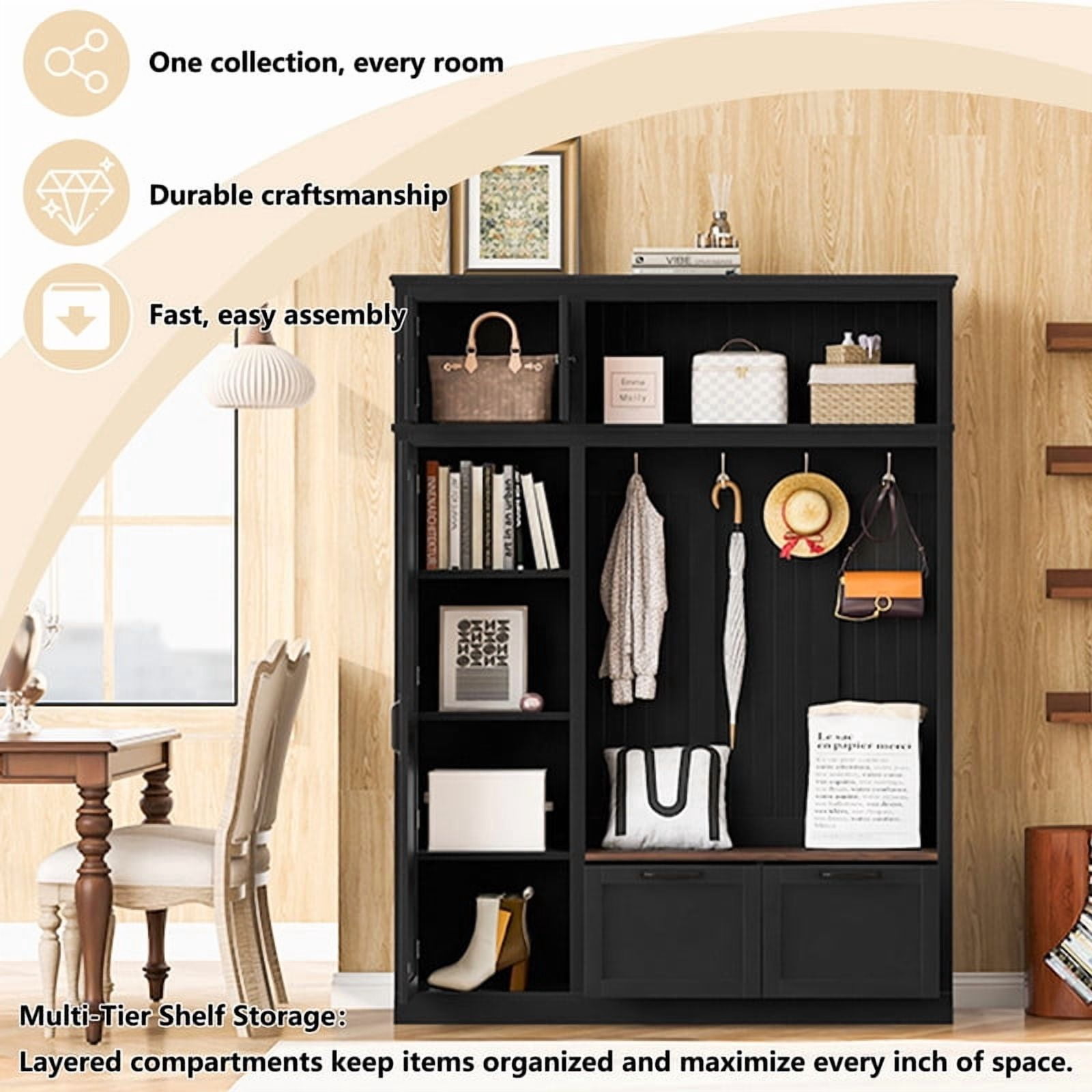 3-in-1 Hall Tree with Storage Cabinet & Adjustable Shelves, Heavy-Duty Storage Bench Entryway Organizer with Hooks & Drawers