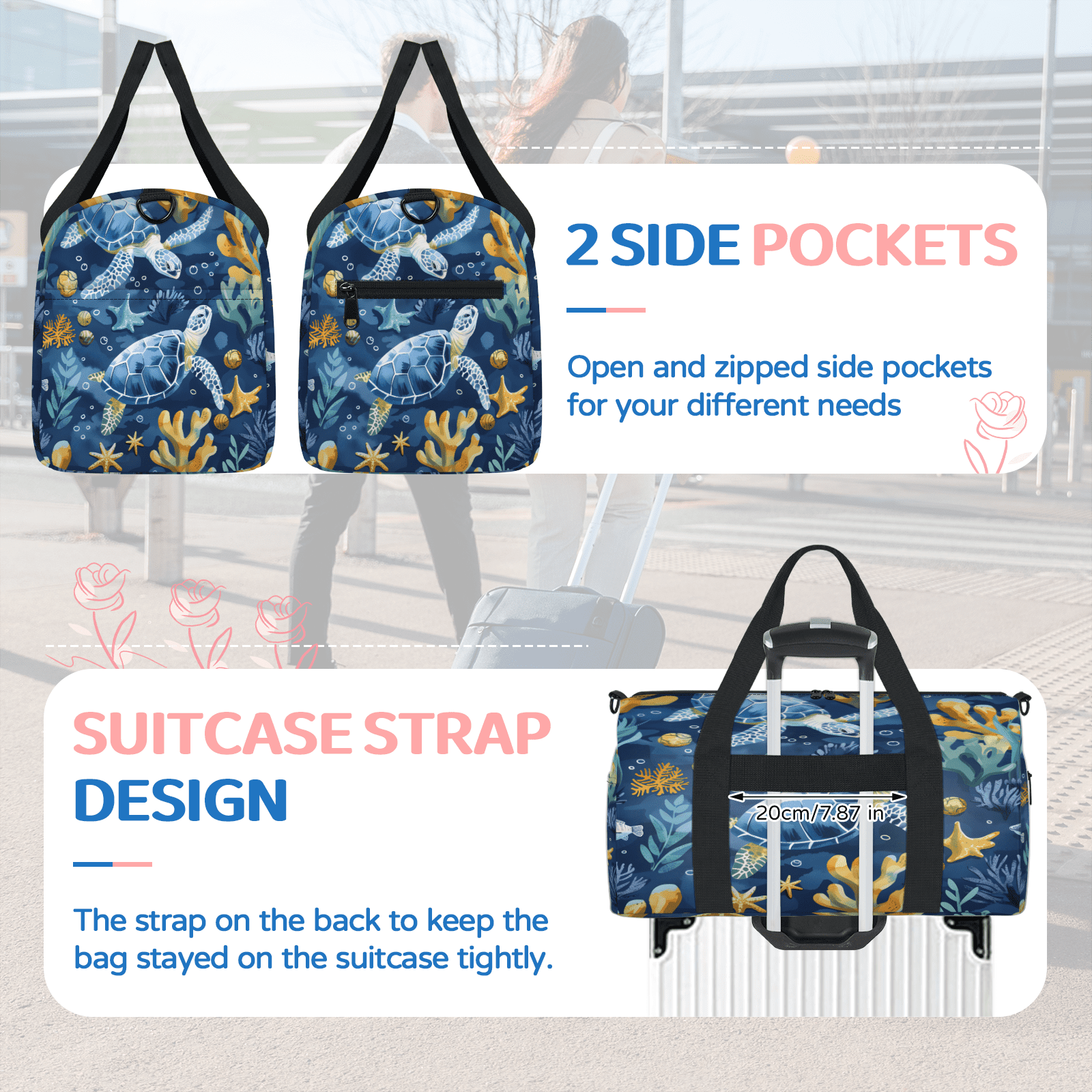 Herdesigns Sea Turtles Travel Duffle Bag Sports Yoga Weekender Overnight Carry on Workout Bags Lightweight Waterproof Gym Tote Bag for Women Beach Theme