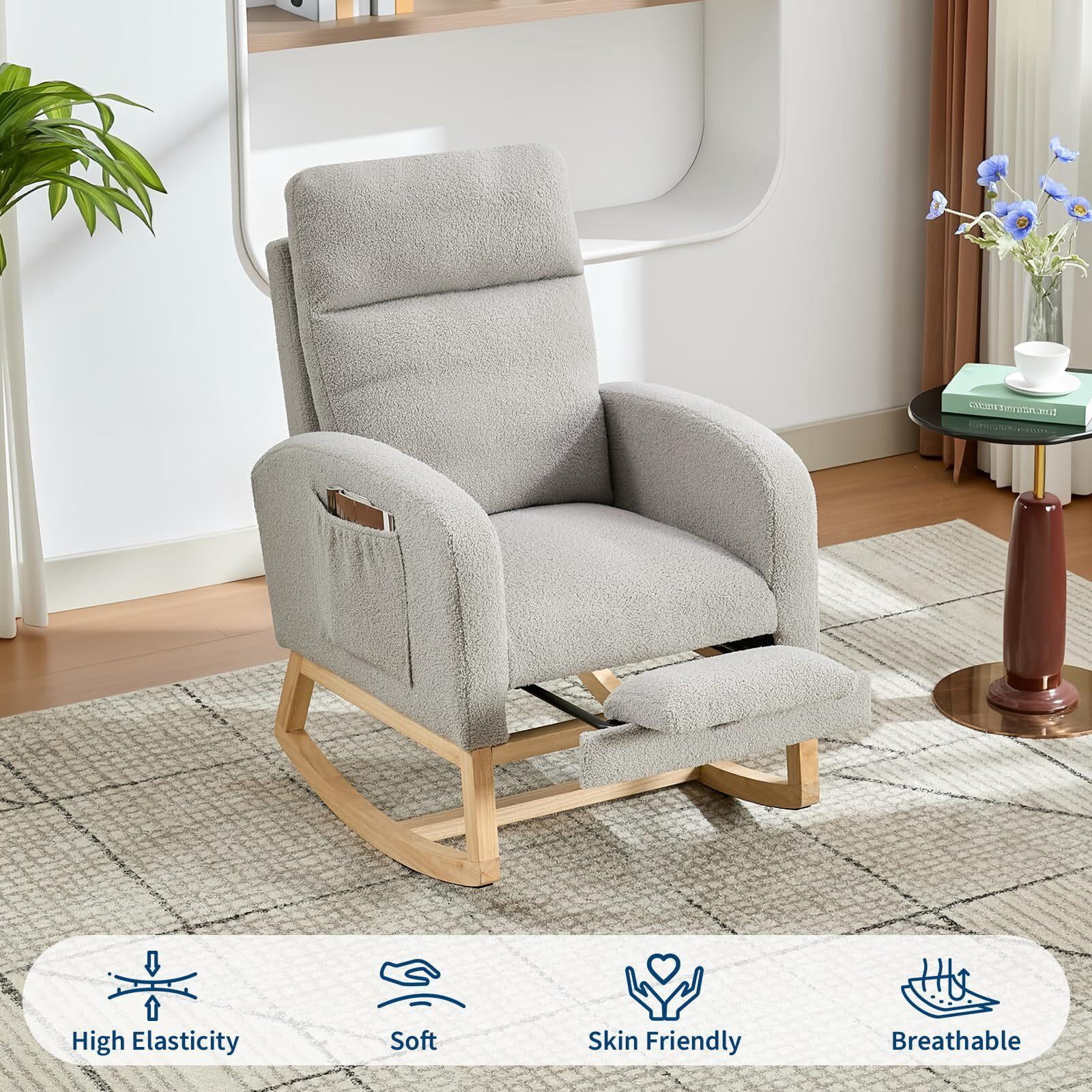 Modern Nursery Rocking Chair, Teddy Upholstered Rocking Chair with Footrest, Rocker Glider for Living Room, Bedroom, Nursing Room，Grey