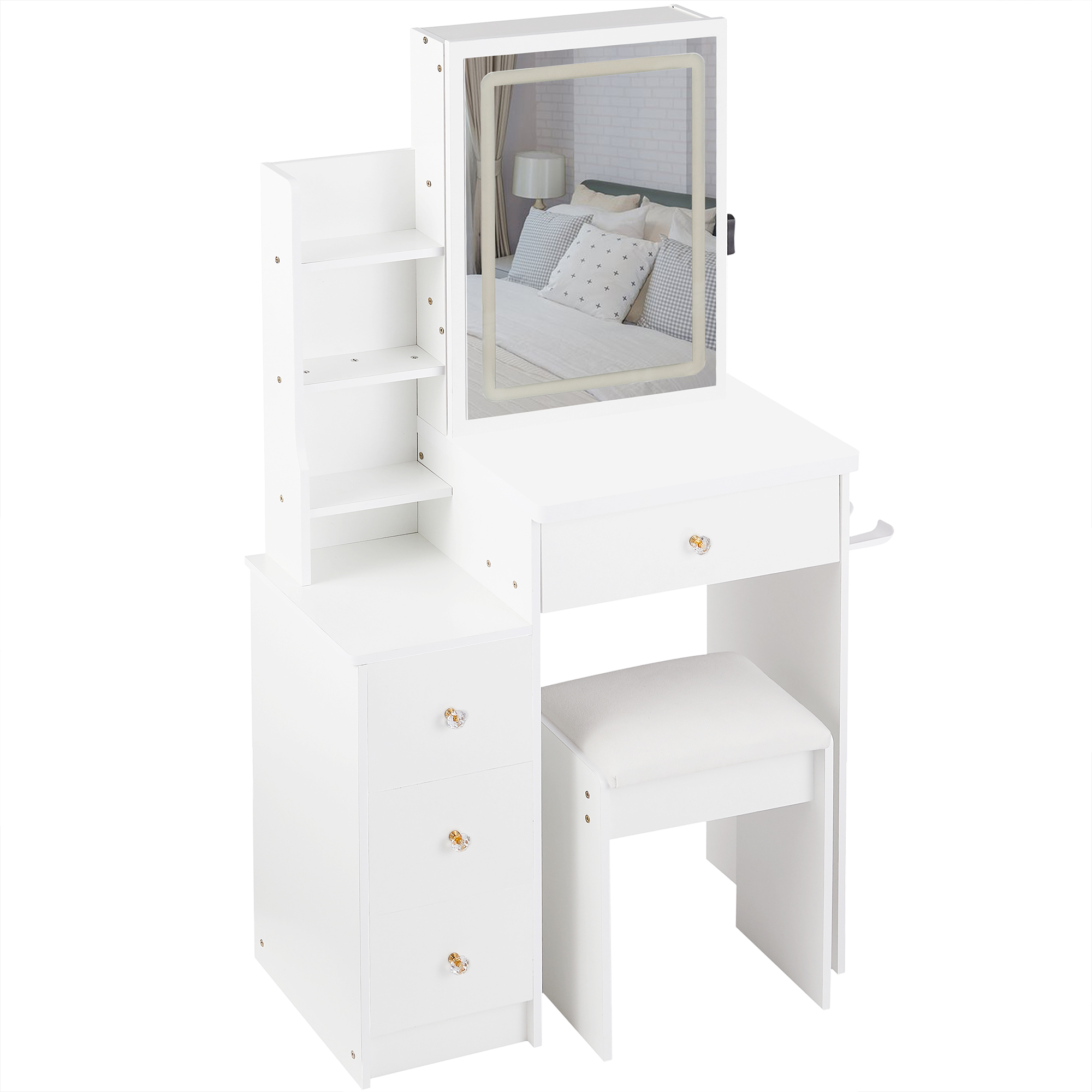 Bedside Cabinet Vanity Table + Cushioned Stool, Hair dryer bracket, Extra Large Touch Control Sliding LED Mirror