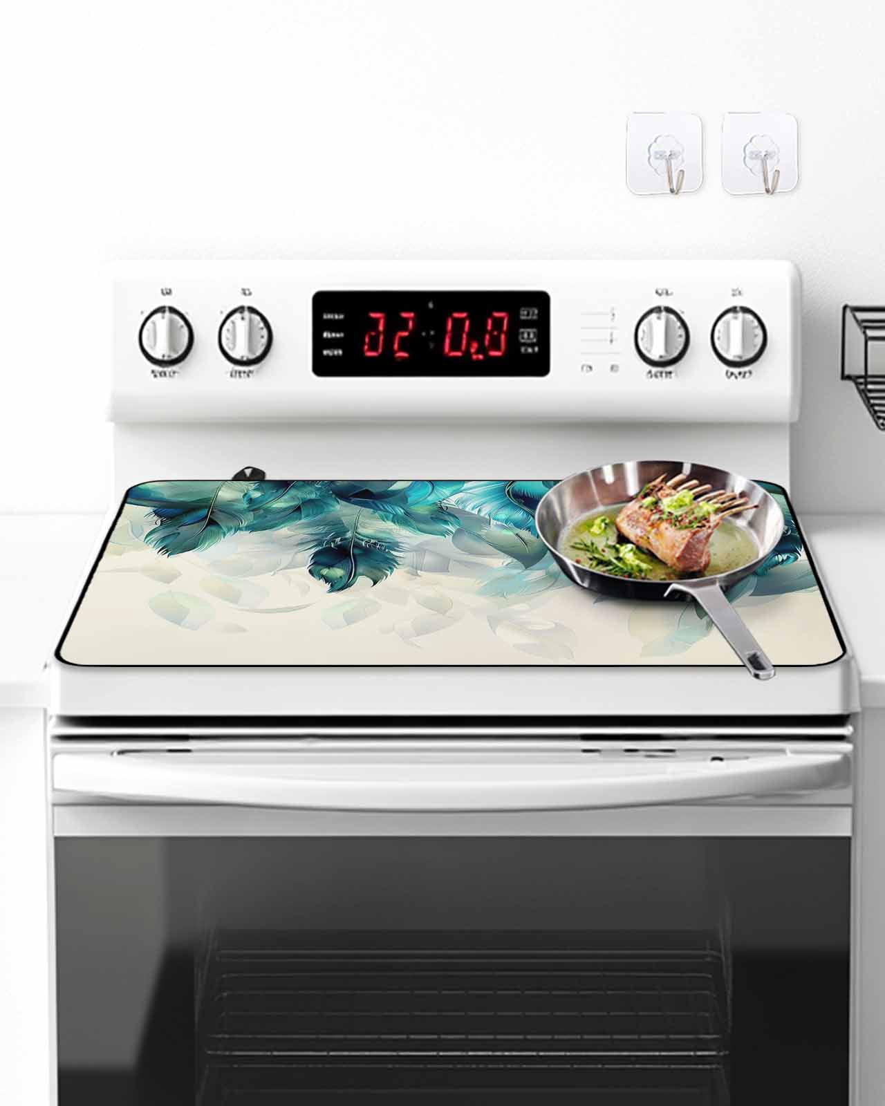 Stove Top Covers for Electric Stove, Teal Feather Glass Stovetop Cover Protector, Farmhouse Feather Art Teal Ombre Induction Cooktop Protector Oven Mat for Kitchen Countertop 24"x21"
