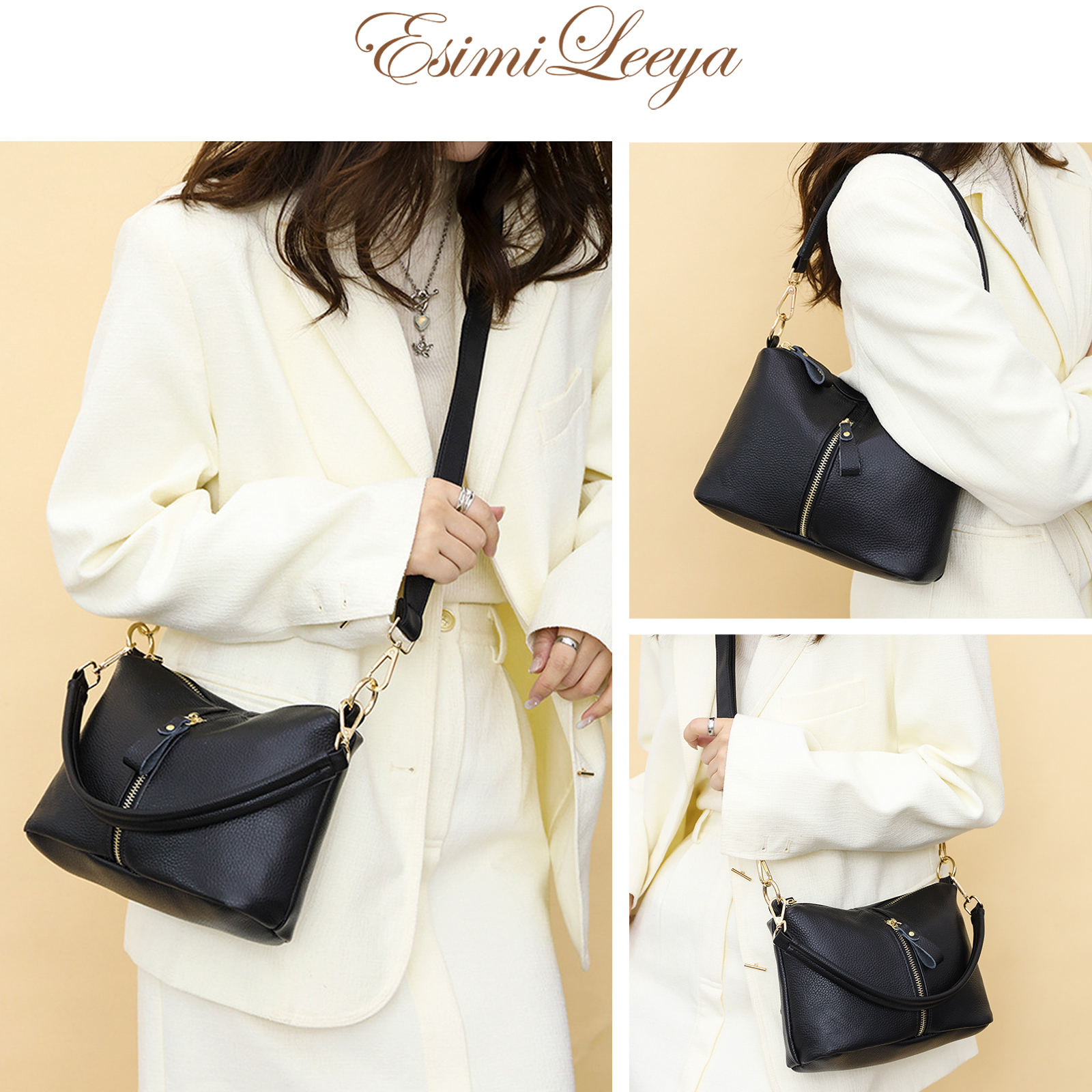 Black Leather Crossbody Purses for Women Secure Zipper Shoulder Bag Ideal for Travel, Commute, Shopping