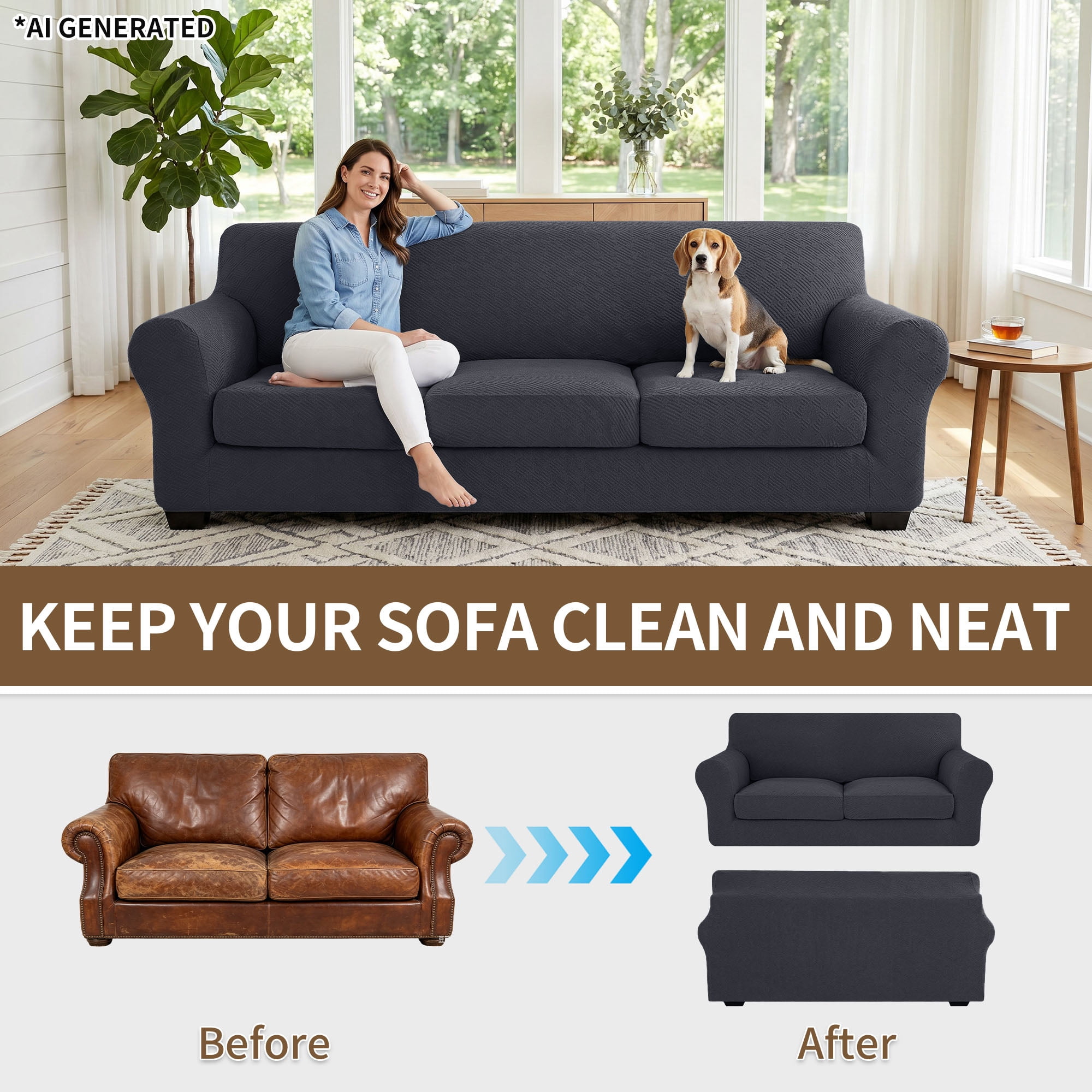 JIATER 2-Piece Armchair Sofa Cover Stretch Couch Cover Washable Sofa Slipcover Furniture Protector with 1 Cushion Cover,Dark Gray
