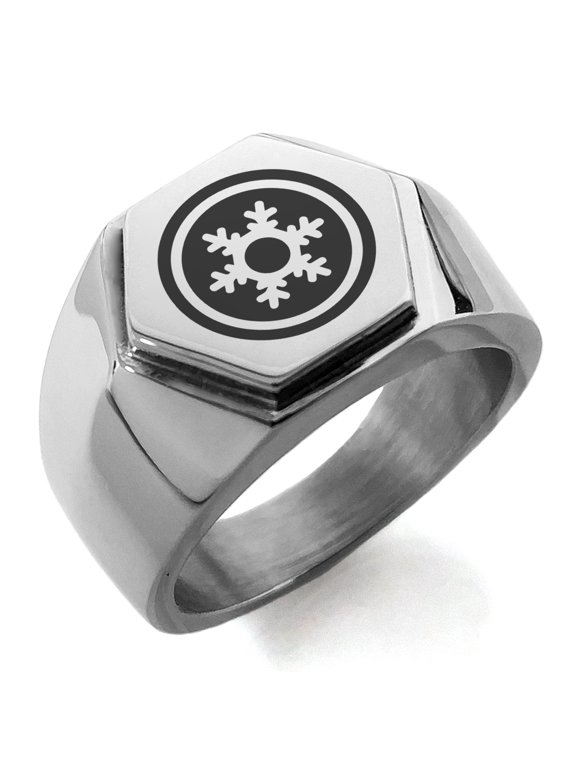 Stainless Steel Ice Element Rune Engraved Hexagon Crest Flat Top Biker Style Polished Ring