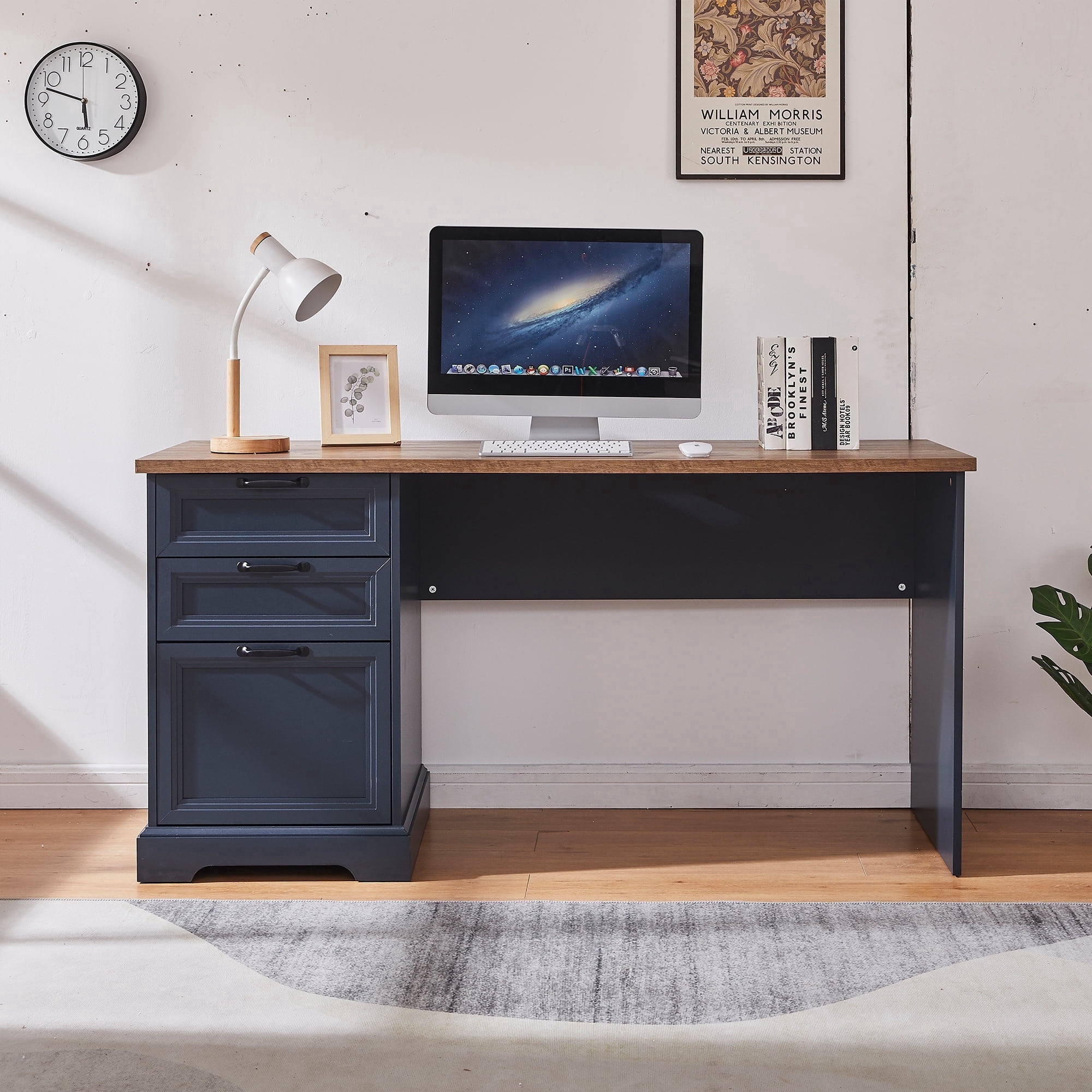 Haooyeah Office Computer Desk with 3 Drawers, Built-in Power Outlet, USB & Type-C Fast Charging, Wooden Writing Desk for Home Office,Blue