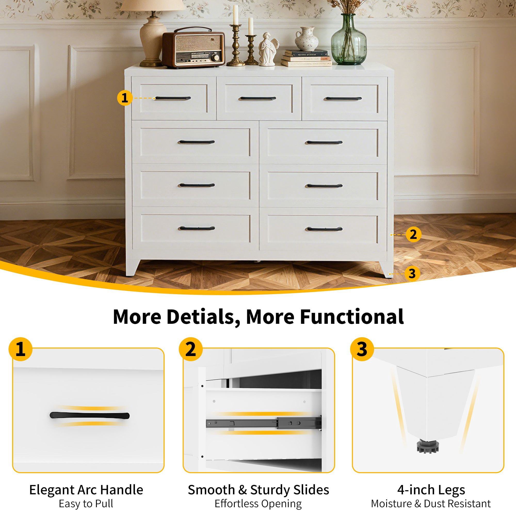 9-Drawer Tall Dresser, Metal Storage Cabinet with Smooth Gliding Drawers, Space-Saving Chest of Drawers for Bedroom, Living Room, Entryway, 47.3 in Wide