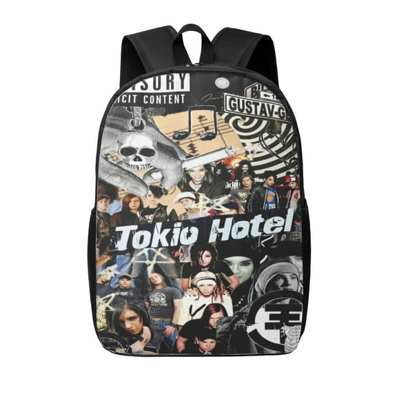 Tokio Hotel Backpack Cartoon Print Backpack 17 Inch Lightweight Comfy Black Bookbag with Side Mesh Pocket
