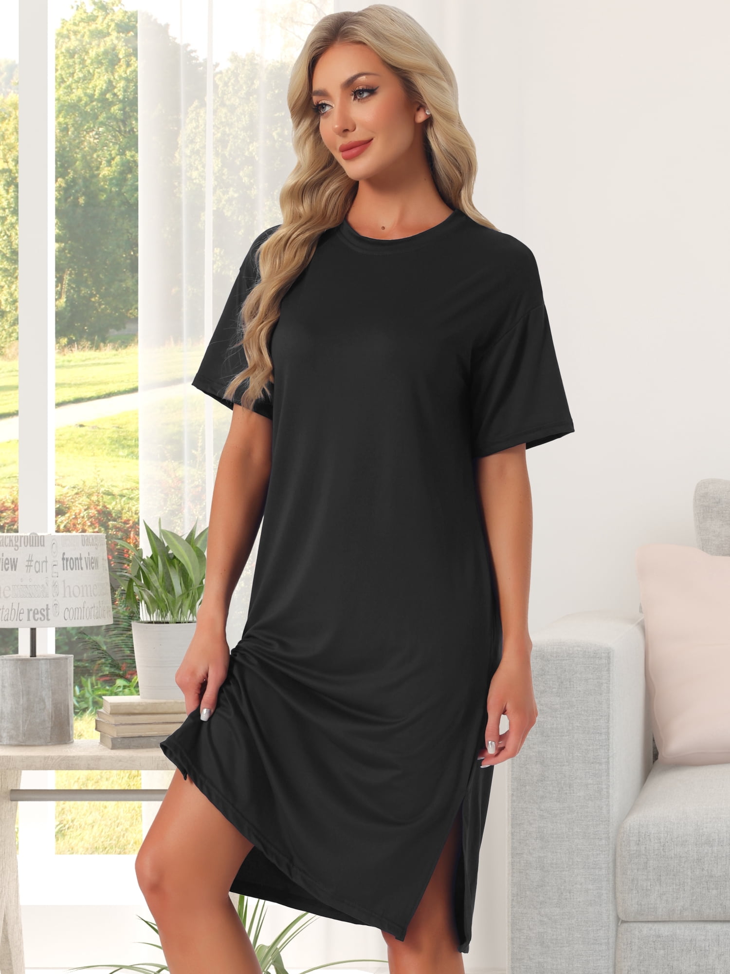 DARING DIVA Women's Casual Pajama Dress Loose Fit Short Sleeve Sleepwear L Black