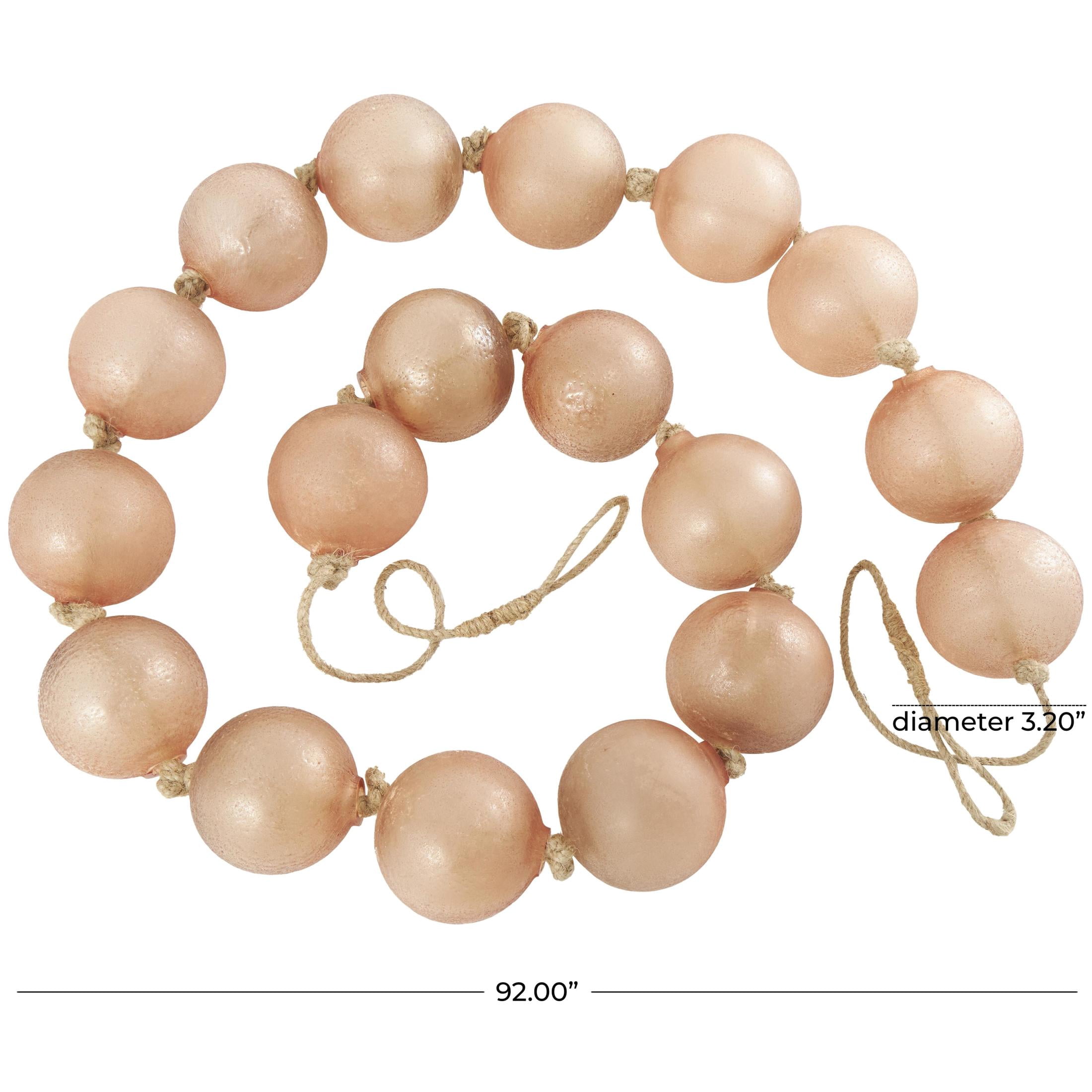 DecMode Handmade Round Extra Long Frosted Orb Pink Glass Garland with Tassel with Knotted Jute Rope