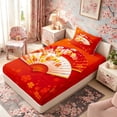 thumbnail image 5 of Manfei Traditional Fan Twin Sheet Sets for Home, Floral Pattern Bedding for Office, Red Orange White 3-Piece, 1 Flat Sheet, 1 Fitted Sheet and 1 Pillowcase, 5 of 6