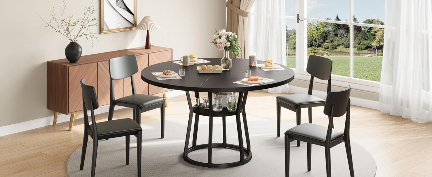 47.2" Round Dining Table for 4-6, Farmhouse Kitchen Table with Storage Shelf, Modern Wood and Metal Circle Table for Dining Room, Black