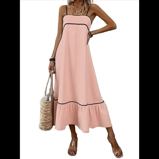 Vestido de Verano para Mujer, con Tirantes Finos, Informal, Fluido, de Encaje, Midi, para Playa, 2025. Rosa M