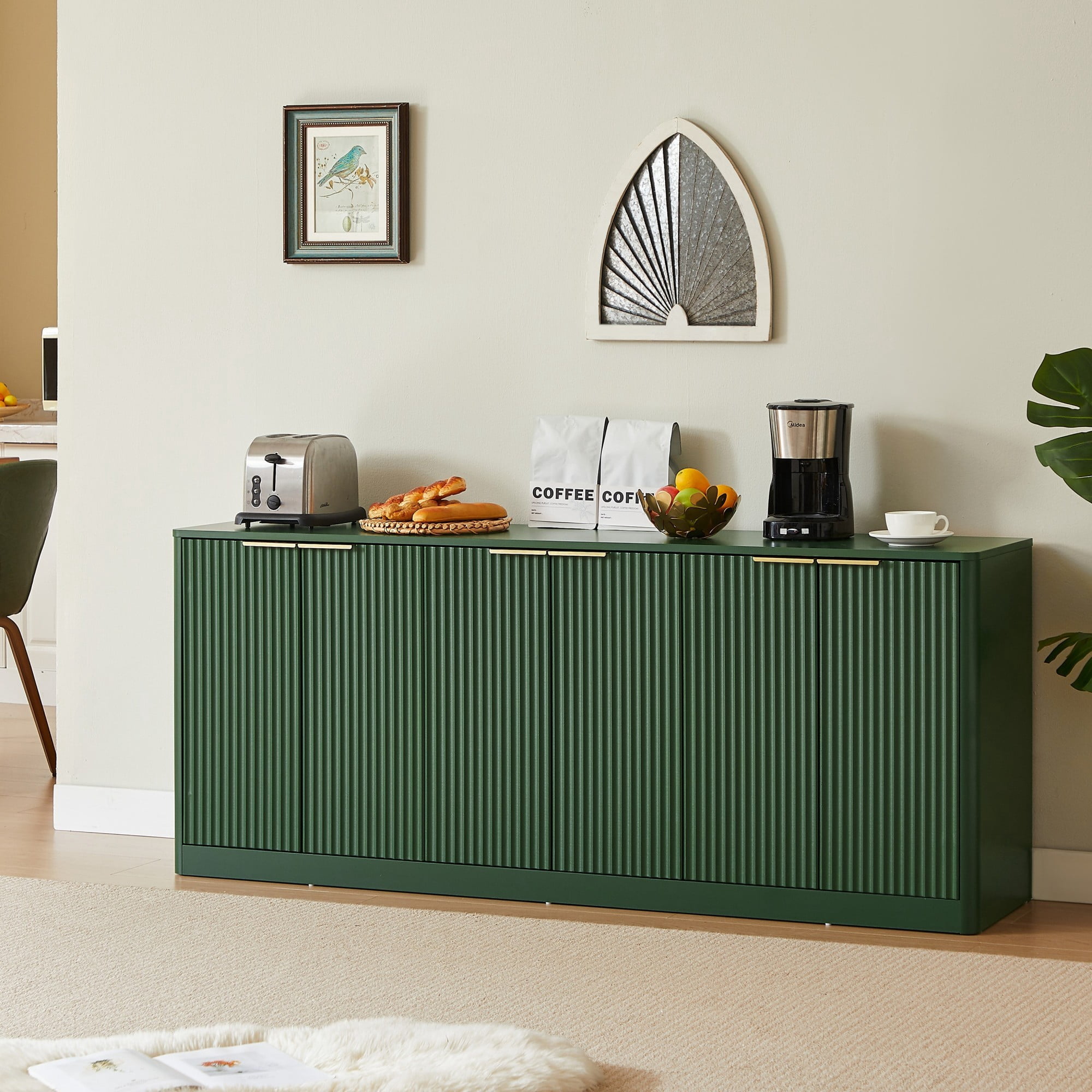 67" Modern Wavy Sideboard Cabinet, 6-Door Curved Storage Cabinet, Large TV Stand Buffet Console for Living Room Kitchen, Green