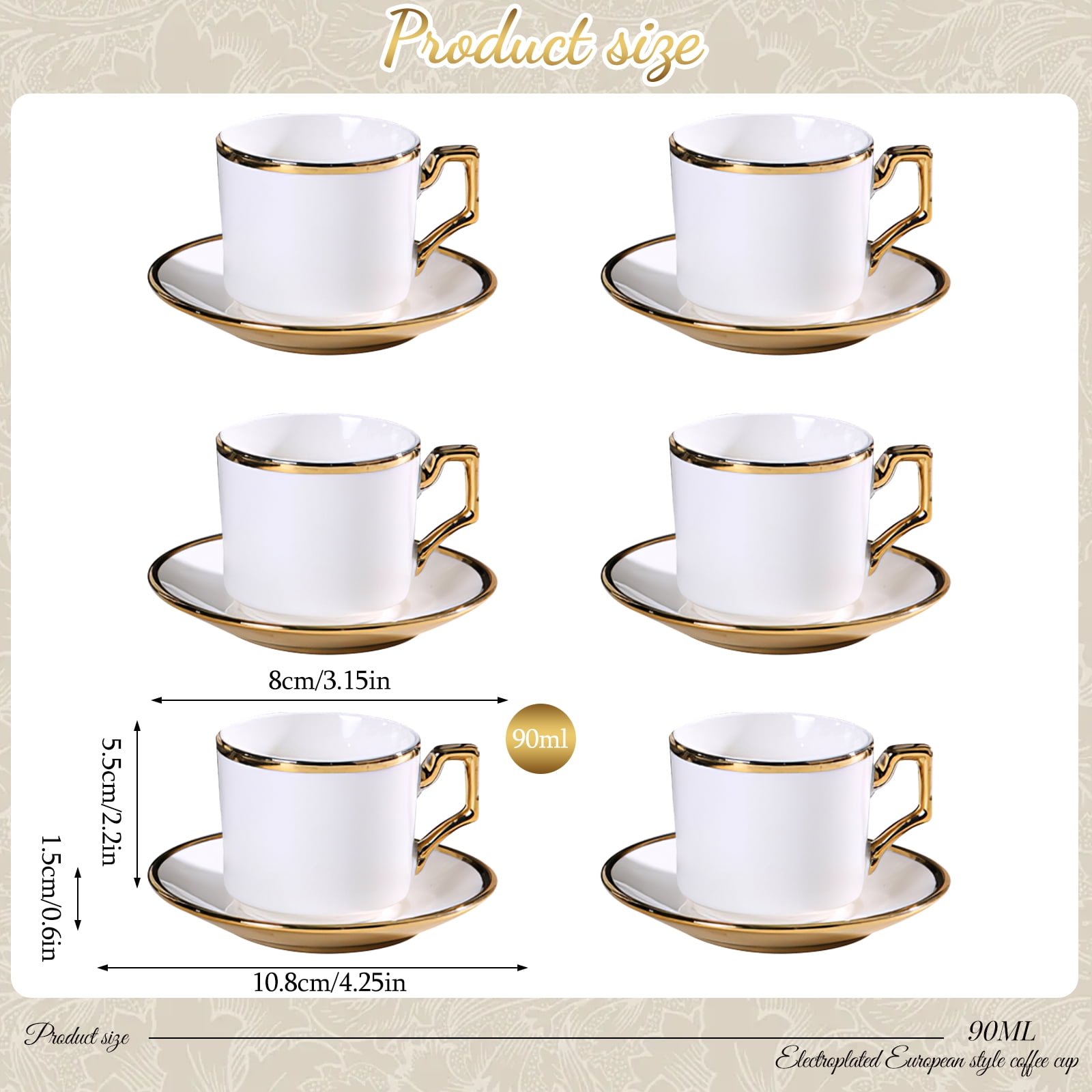 6 Pack Coffee Cup Set - 3oz Ceramic Demitasse Cups with Saucers, Gold-Plated Rim, for Espresso & Turkish Coffee,White