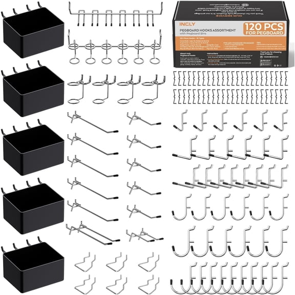 120PCS Pegboard Accessories Organizer Kit, Peg Board Hooks Assortment with Bins for Organizing Various Tools, Fit 1/8 or 1/4 inch Pegboard for Hanging Storage, Garage Wall Attachments