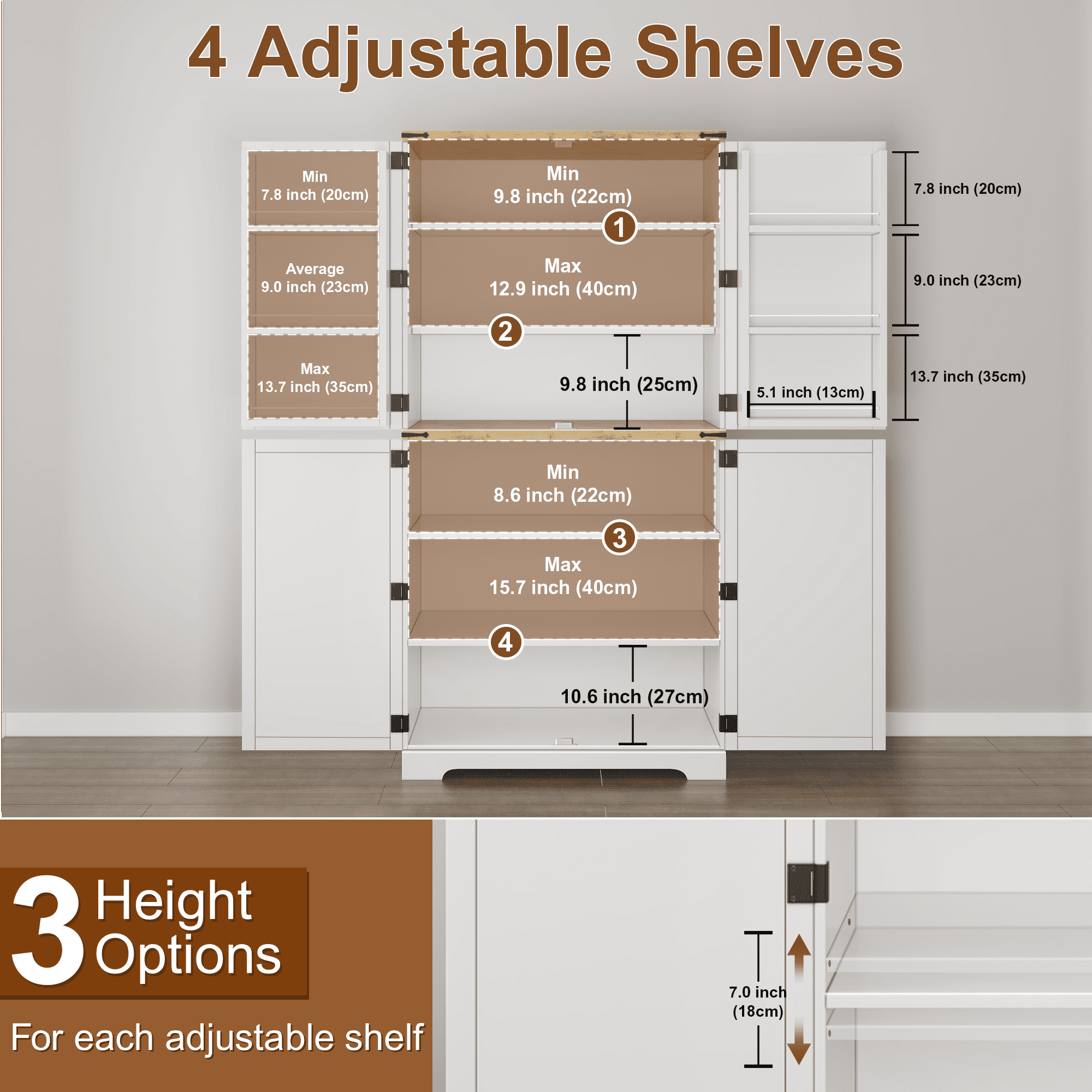 72.8'' Tall Kitchen Pantry Cabinet with 4 Barn Doors,Wood Storage Cabinet with Adjustable Shelves for Dining Room Living Room, White