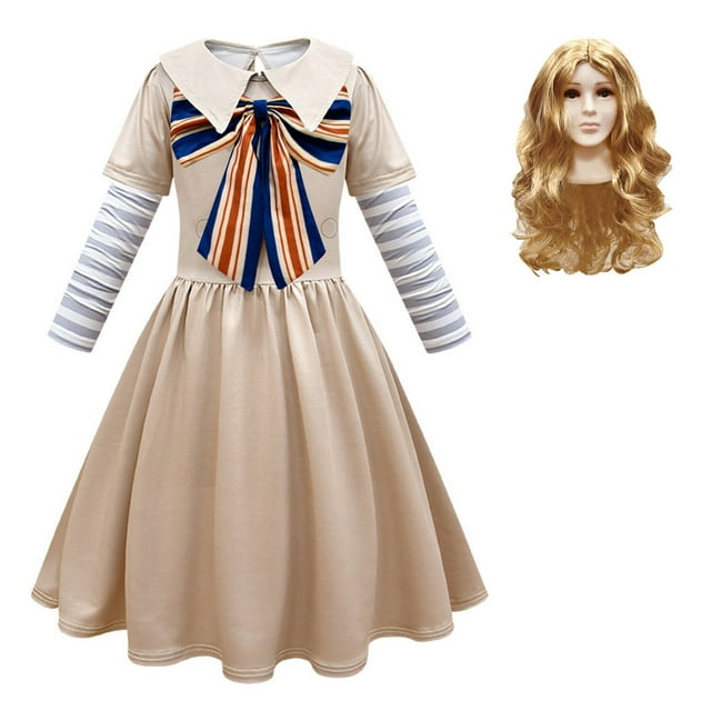 Kawell M3gan Costume pour Filles Megan Costumes Uniforme Robe Tenue d'Halloween avec Manches à Nœud Sac et Perruques