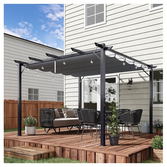 10x10 Outdoor Pergola Canopy, Aluminum Patio Shade Shelter - Gray Backyard Pergola for Garden, Parties, Retractable Canopy