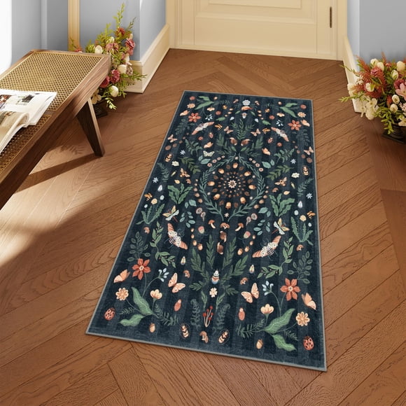 Alfombra antideslizante Lahome Insect Botanic, negra, 60 x 120 cm