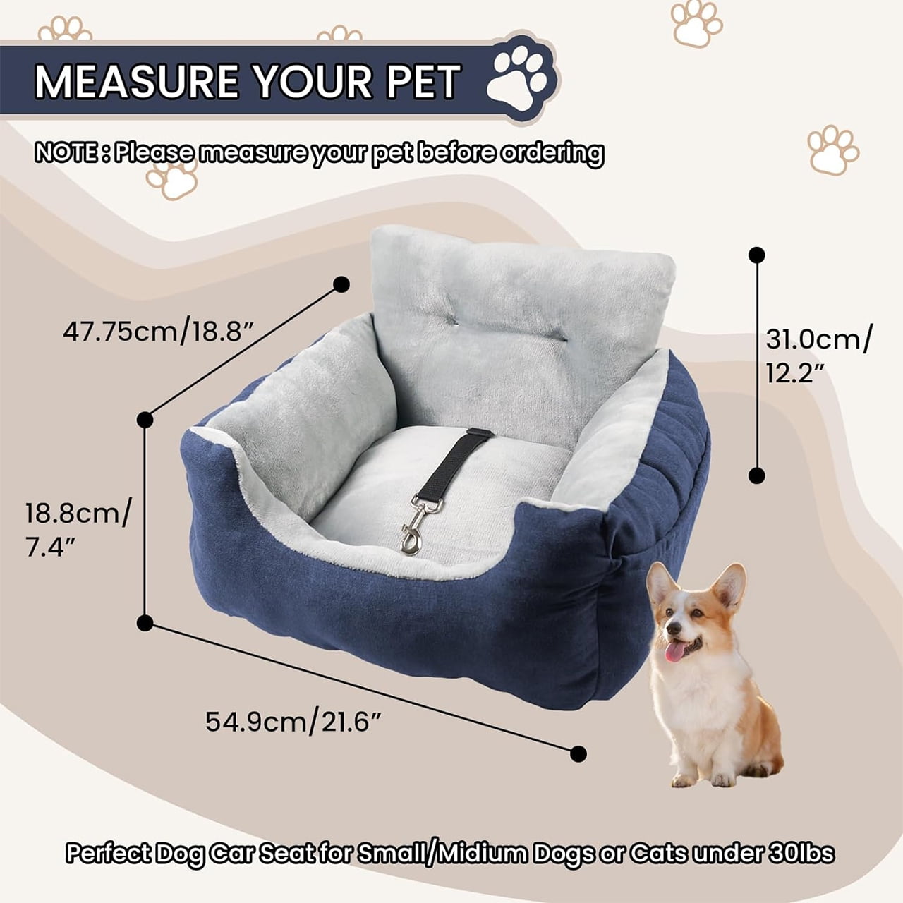 WATANIYA PET Dog Car Seat Plush and Portable Pet Booster Seat,Washable Pet Travel Carrier Bed, With Clip-on Safety Leash,Adjustable Straps for Pets up to 25lbs, Blue