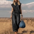 thumbnail image 2 of TEAJOPSUU Womens 2 Piece Denim Sets Sleeveless Cap Sleeve Mock Neck Tank Tops High Waist Wide Leg Jean Pants with Pockets Sets Casual Daily Outfits Black, 2 of 5