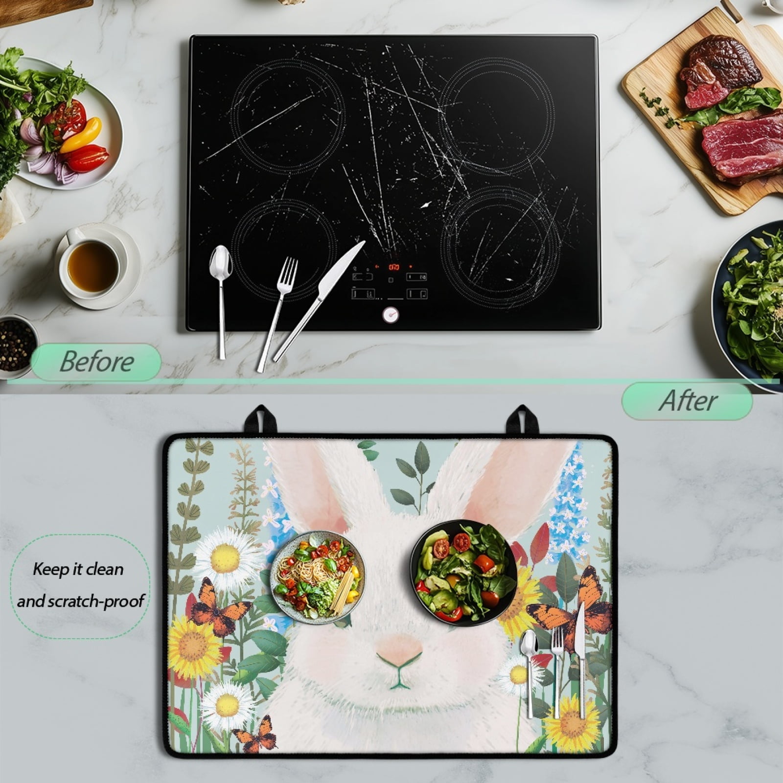 Renewold Ceramic Glass Stove Top Cover for Electric Stove, Non-slip Stove Mat Stovetop Protector Cover Multipurpose Desk Saver Pad for Counter Top, Bunny Butterfly Flower