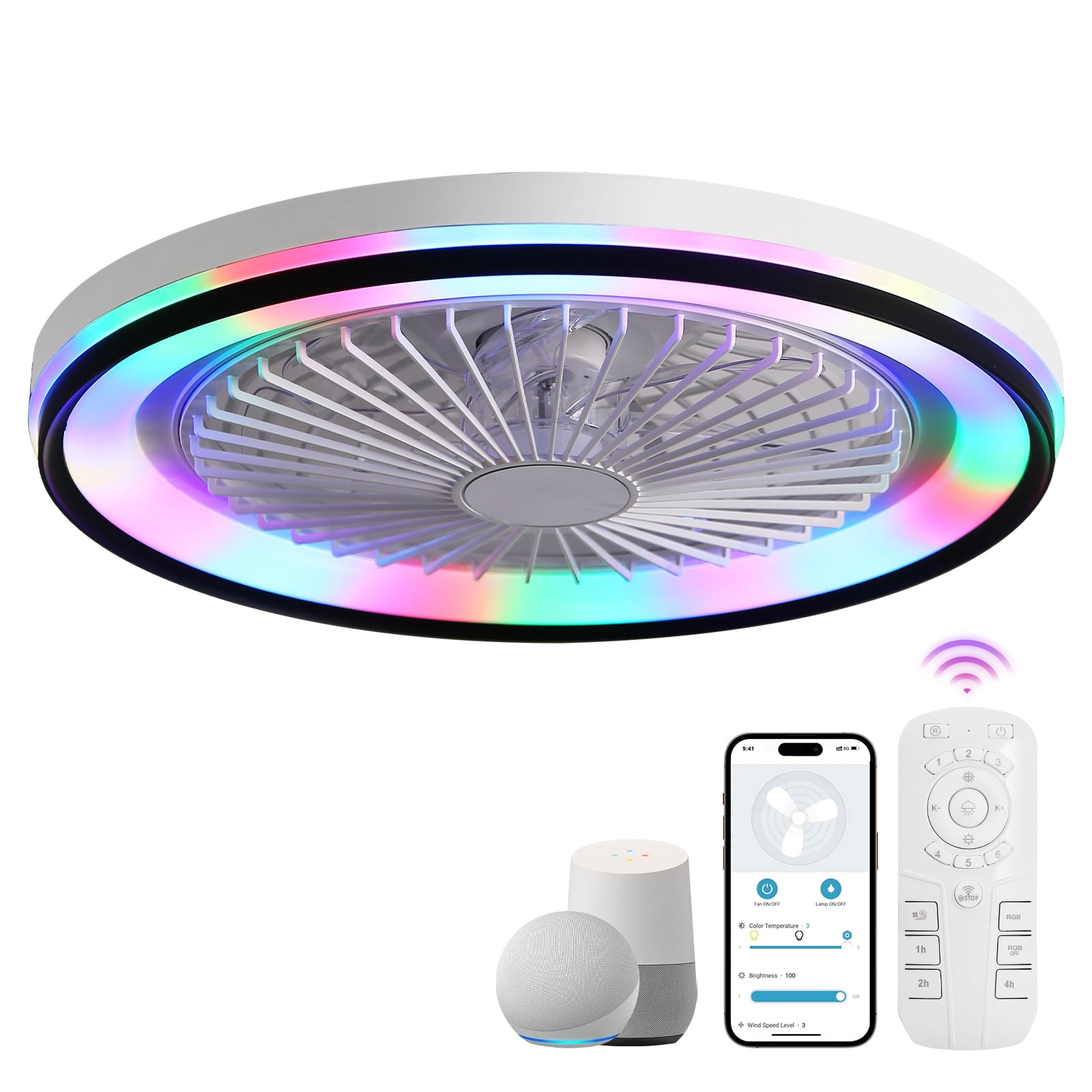 Sofucor 19-Inch Flush Mount Ceiling Fan with LED Lights, Remote and App Control