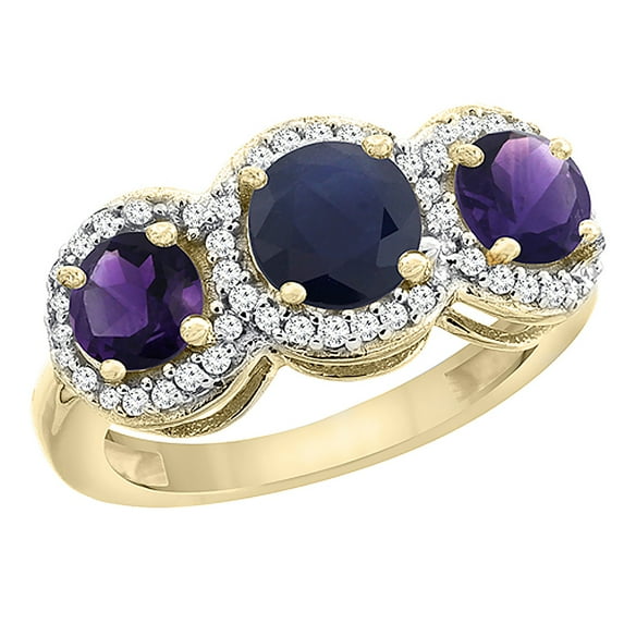 14K Yellow Gold Natural High Quality Blue Sapphire & Amethyst Sides Round 3-stone Ring Diamond Accents, size 5.5