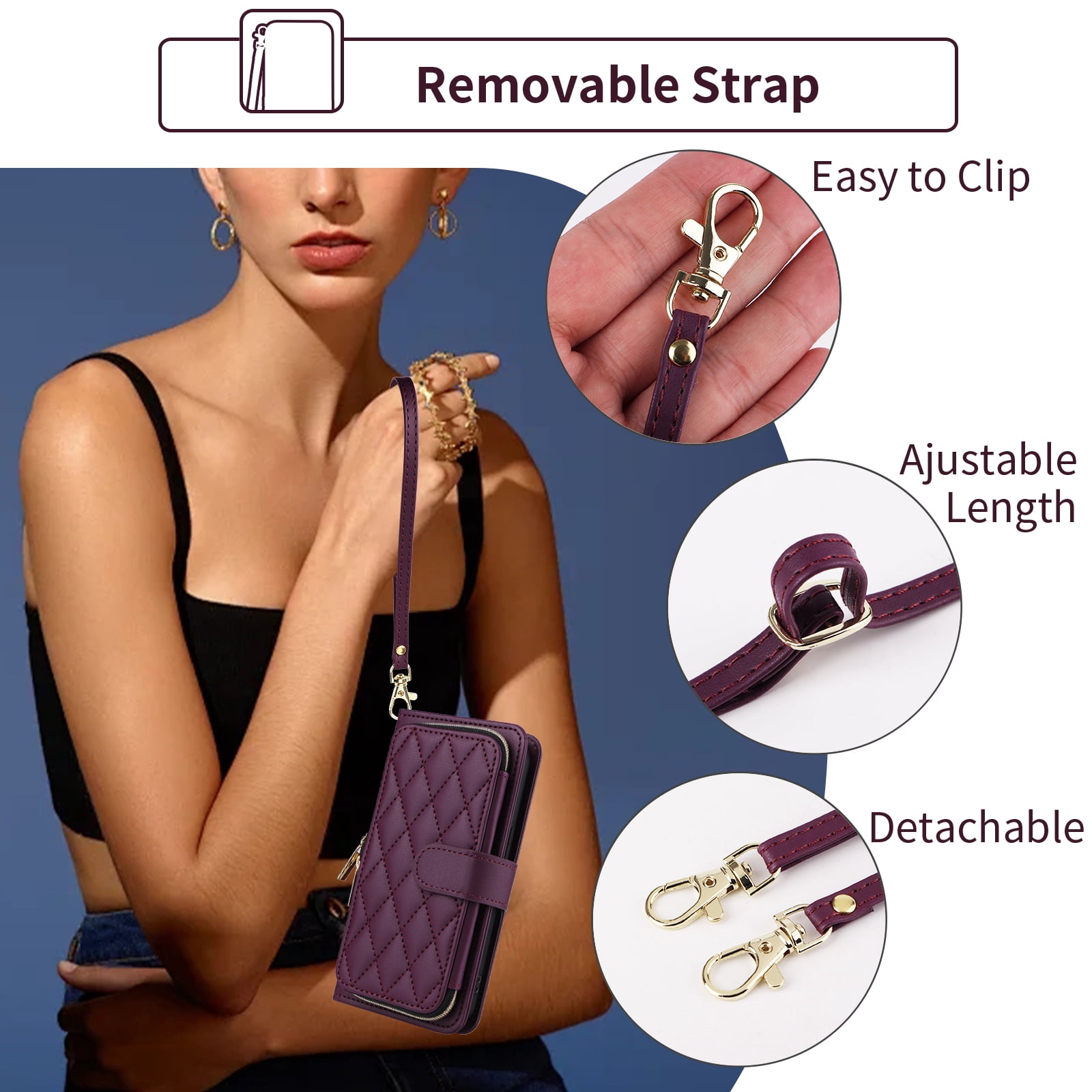 Furiet Wallet Case for Samsung Galaxy Z Fold 4 5G 2022 with Wrist Strap Crossbody Shoulder Strap Card Slot Zipper Purse Luxury PU Leather Stand Phone Cover for ZFold4 Z4 Fold4 4Z ZFold45G Deep Purple