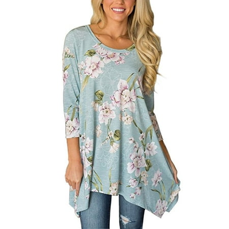 Asymmetrical Empire Waist Tunic - Women's Spring Floral Print 3/4 Sleeve Irregular Hem Asymmetrical Tunic Loose Long Blouse Tops