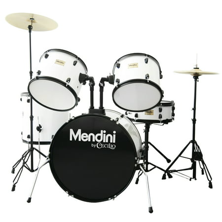 Mendini by Cecilio Complete Full Size 5-Piece Adult Drum Set w/ Cymbals Pedal Throne Sticks, Gloss White