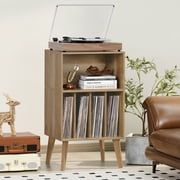 LELELINKY Mid-Century Record Player Stand with Storage Vinyl Record Cabinet Record Player Table Turntable Stand Large Record Holder Holds for Bedroom Living Room, Oak