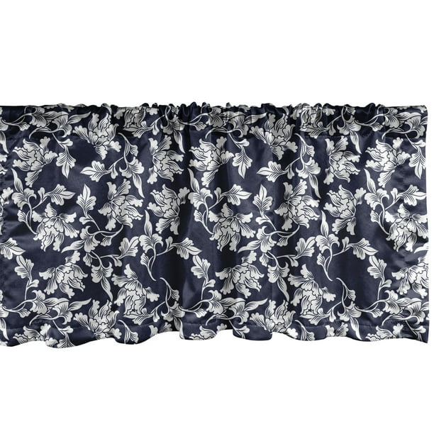 Ambesonne Navy Blue Window Valance, Floral Arrangement Botanic Foliage Pattern Japanese