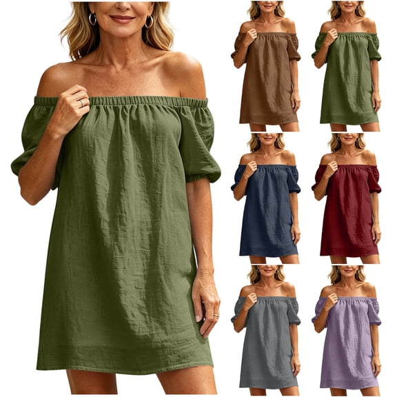 Horkkom Off the Shoulder Dresses for Women Mini Solid Color Summer Dresses Casual Vacation Beach Dresses, S-2XL