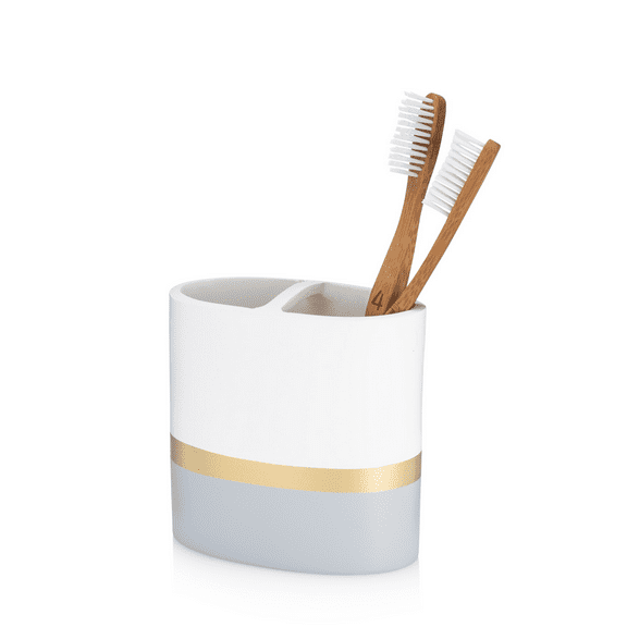 Essentra Home Day and Night Collection White and Grey with Gold Stripe Toothbrush Holder
