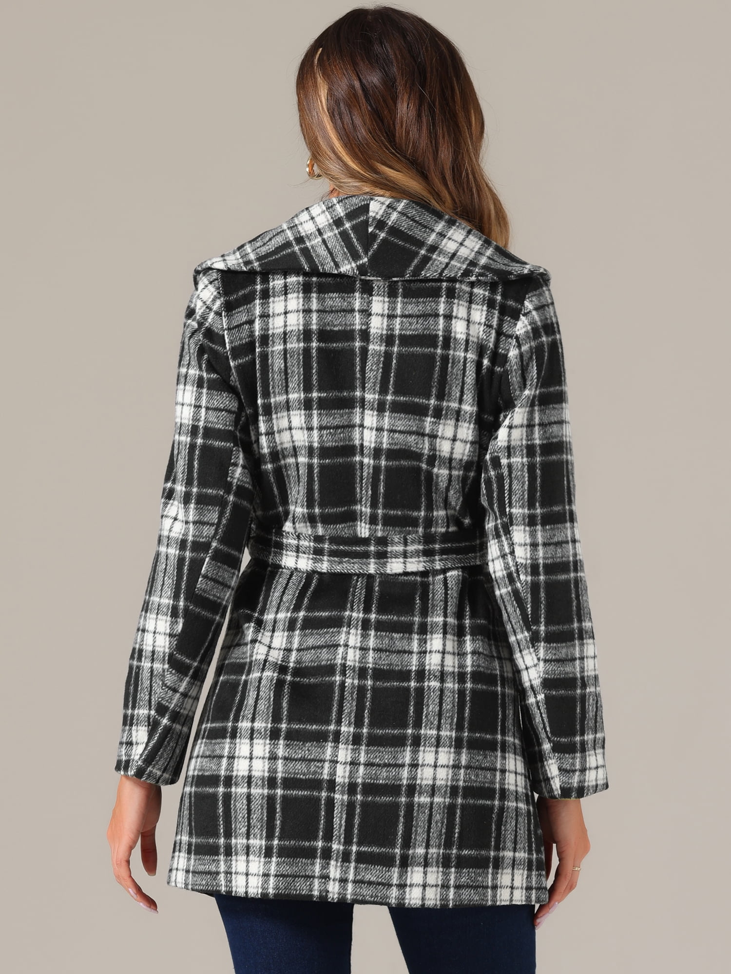 DARING DIVA Women's Winter Plaid Belted Shawl Collar Check Wrap Coat Black White M