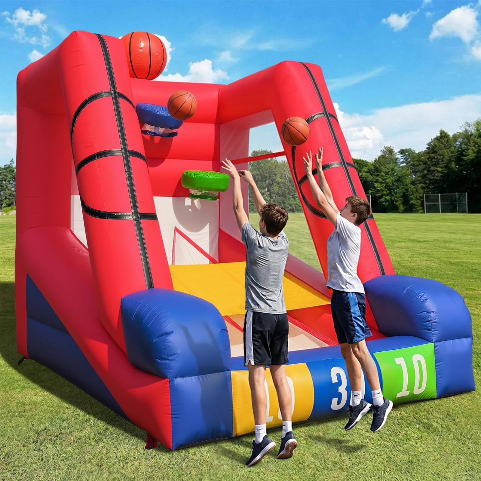 12Ft Inflatable Basketball Challenge Game, Commercial Grade PVC Basketball Game with 3 Balls & Air Blower, Multi-Player Inflatable Carnival Game for Outdoor Fun, Home & Rental Use