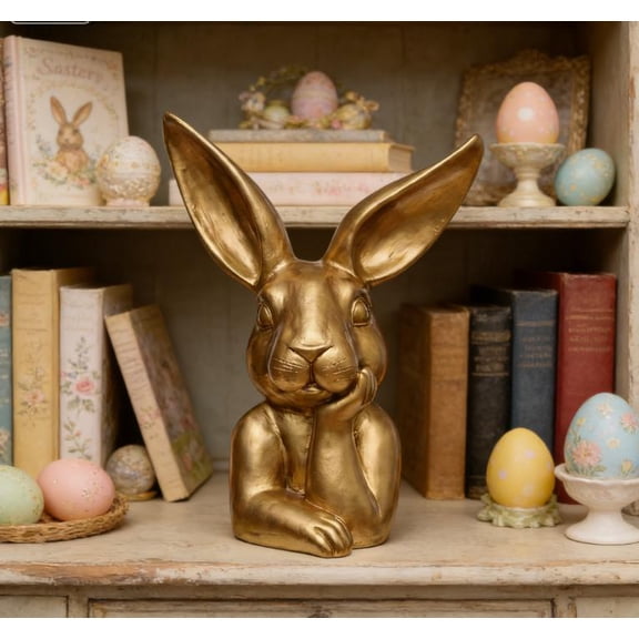 Easter Decorations Golden Resin Bunny Figurine, Spring Rabbit Sculpture Tabletop Ornament, Vintage Thinking Bunny Statue for Table Centerpieces Mantel Home Living Room Decor