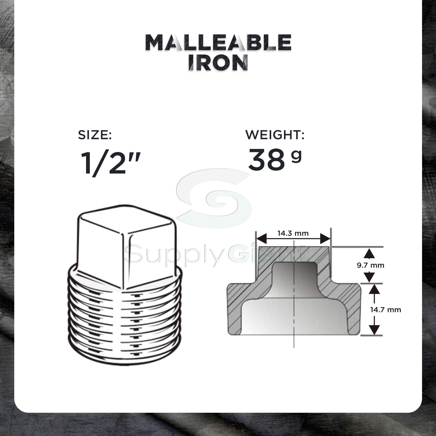 Supply Giant BMPL0120 Black Malleable Iron Plug with Square Head, 1/2"