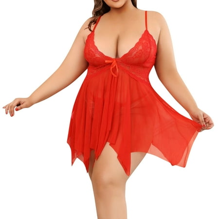 Blphud Sexy Lingerie Sexy Large Womens plus Size Lingerie Lace Chemise Sexy Mesh Sleepwear Deep V Teddy Nightdress for Sexy plus Size Lingerie Bodysuit Red XL