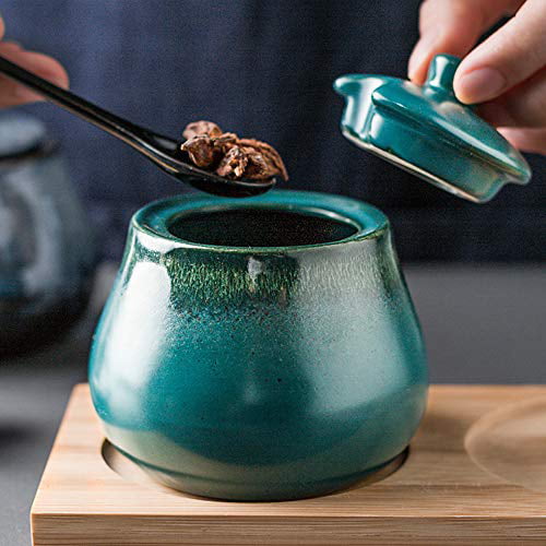 DoDola Retro Ceramics Sugar Bowl with Lid and Spoon Condiment Pots Seasoning Box Emerald Green 