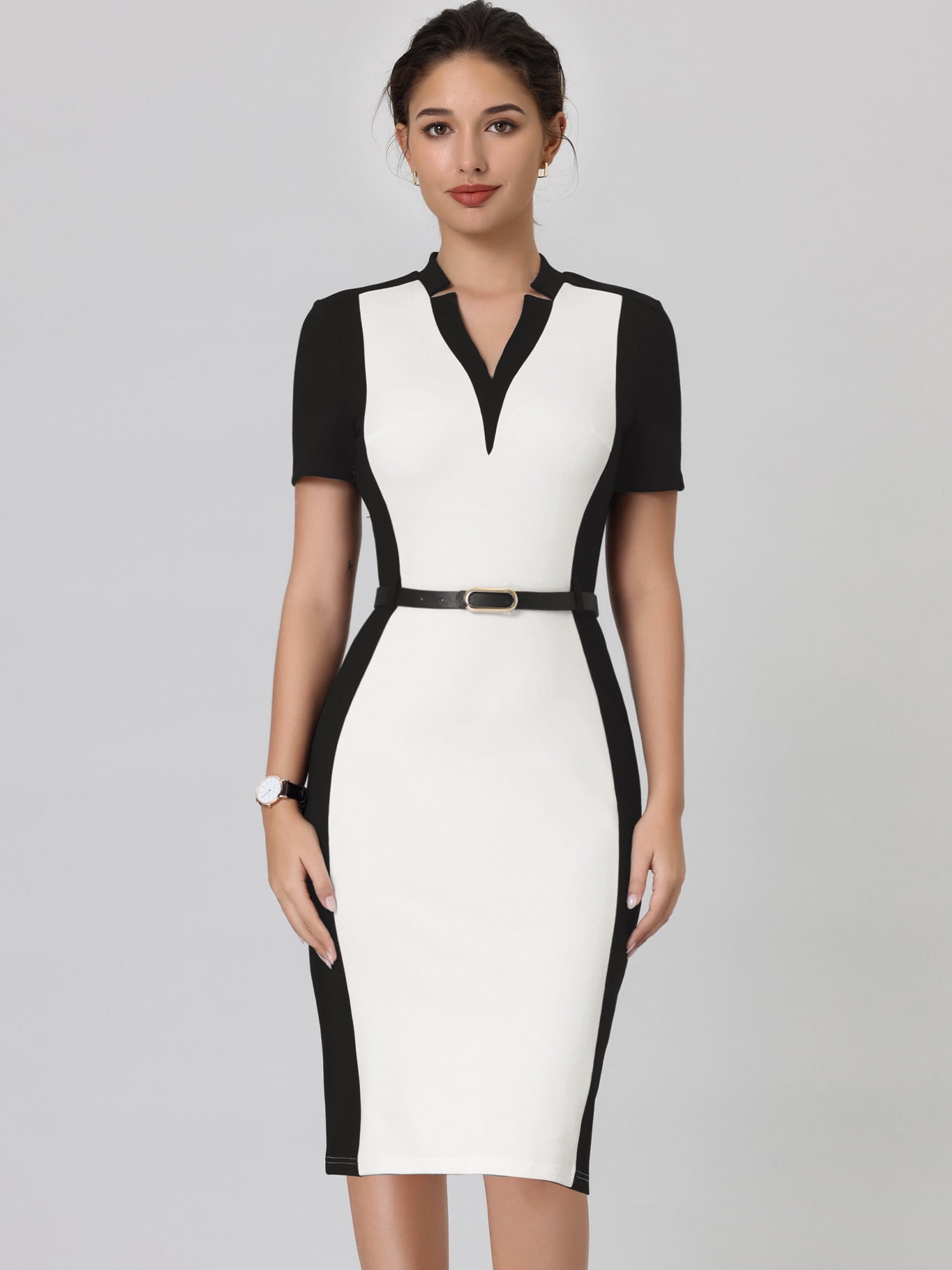 DARING DIVA Sheath Dress Contrast Color Office Pencil Dresses S White S White Black