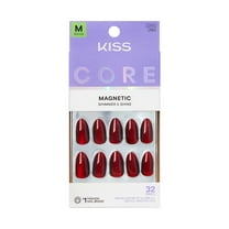 KISS CORE Magnetic Press On Nails Almond, ‘Apple Blossom’, Red, Medium Length, 32 Count