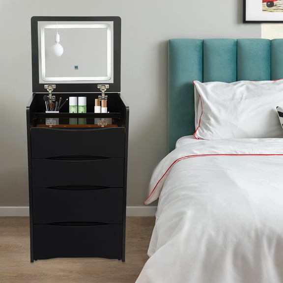 1 PCS Black Vanity Desk with Flip Top Lighted Mirror, Vanity Desk with Makeup Stool, Makeup Vanity Table, Adapter Input: 100-240V, 50/60Hz, Adapter Output: 12V, 1A,3 Drawers