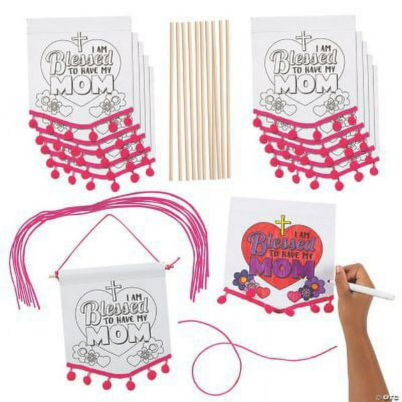 Color Your Own Religious Mother’s Day Pom-Pom Banners, Mother's Day, Craft Kits, 12 Pcs