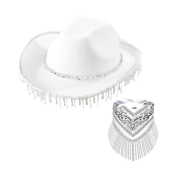 Sombreros de Vaquero con Pañuelo Estampado de Cachemira, Sombrero con Flecos Y Diamantes de Imitación Brillantes para Mujer, Accesorios para Disfraces Blanco SM SunniMix Sombrero de vaquero con pañuelo