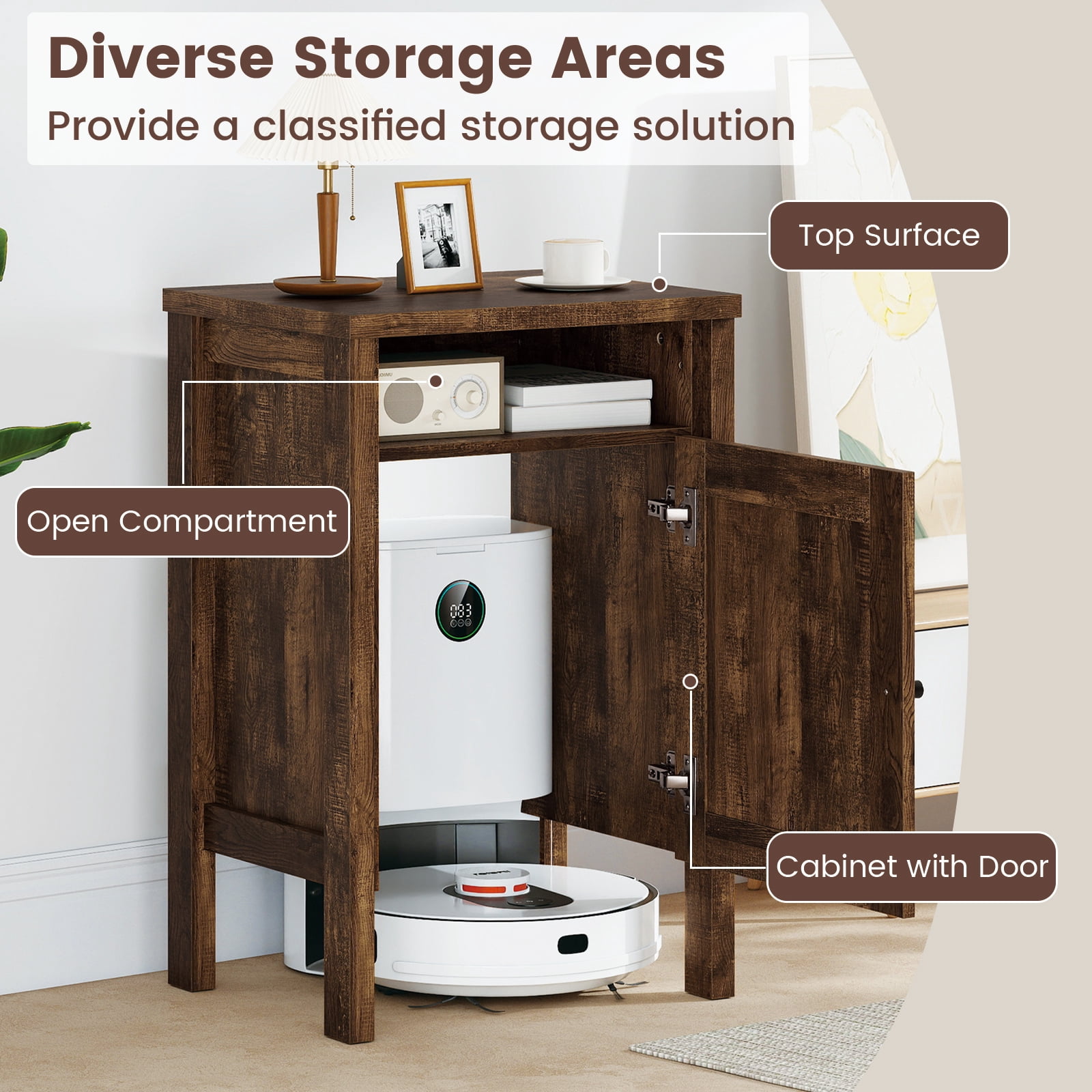 Gymax Robot Vacuum Stand Cabinet w/ Door & Open Shelf for Home Office Living Room Dark Brown